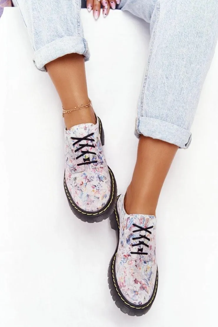 Damskie Maciejka Damskie Skórzane Półbuty Oxfordy 04087-38 Białe W Kwiaty