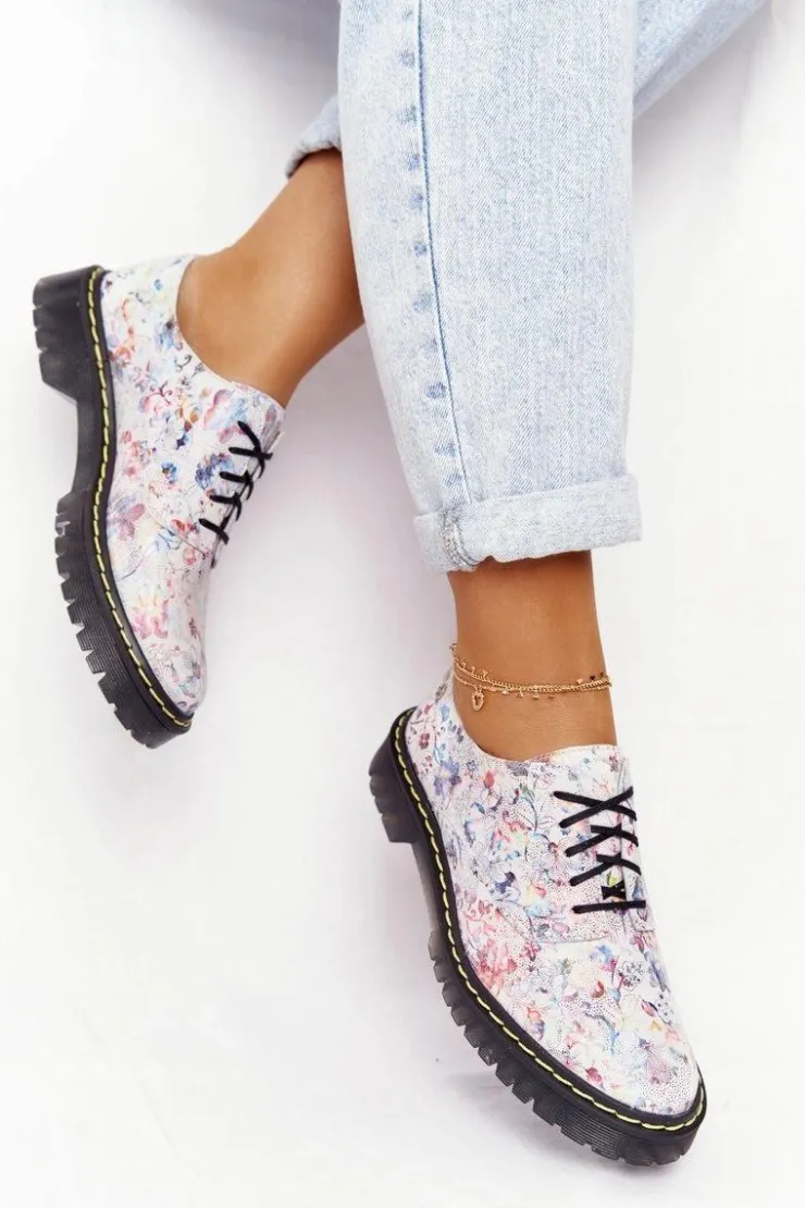 Damskie Maciejka Damskie Skórzane Półbuty Oxfordy 04087-38 Białe W Kwiaty