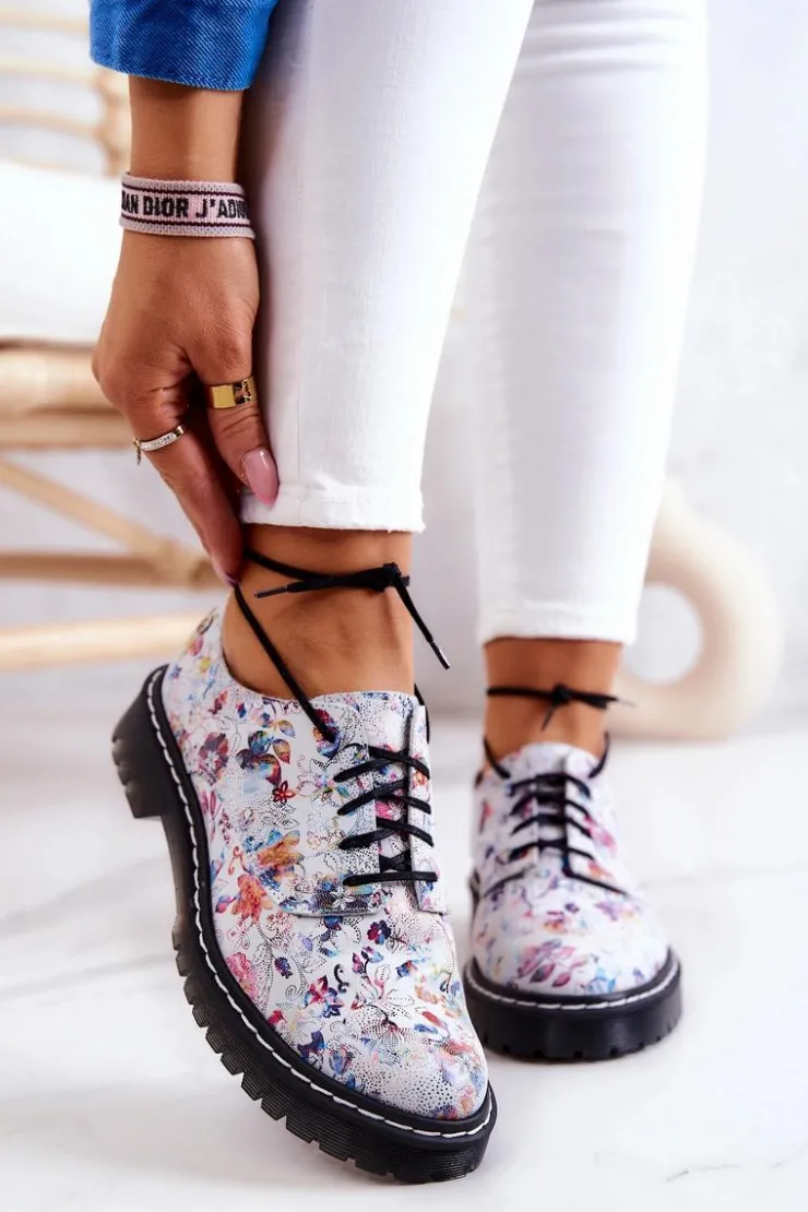 Damskie Maciejka Damskie Skórzane Półbuty Oxfordy 4087A-38 Białe W Kwiaty