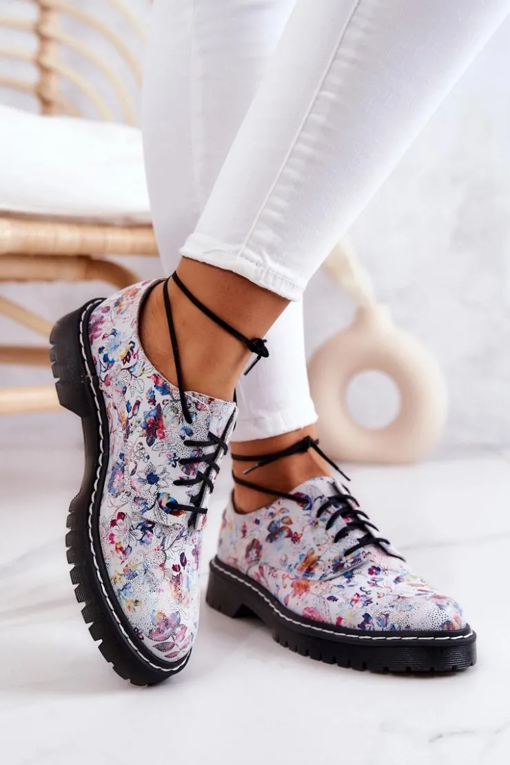 Damskie Maciejka Damskie Skórzane Półbuty Oxfordy 4087A-38 Białe W Kwiaty