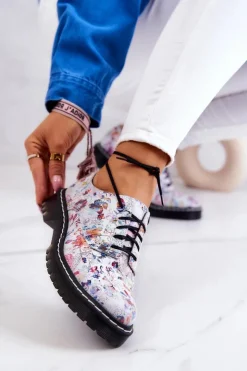 Damskie Maciejka Damskie Skórzane Półbuty Oxfordy 4087A-38 Białe W Kwiaty