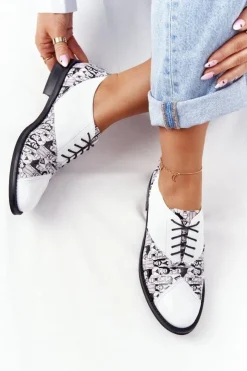 Online Boto Damskie Skórzane Półbuty Visconi 7439294 Biało-Czarne