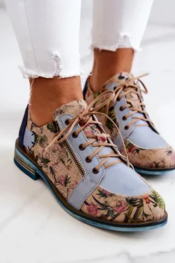 Damskie Maciejka Damskie Skórzane Półbuty W Kwiaty 5096A-34 Niebieskie