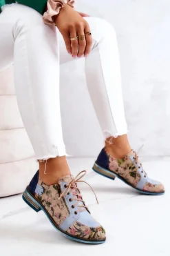 Damskie Maciejka Damskie Skórzane Półbuty W Kwiaty 5096A-34 Niebieskie