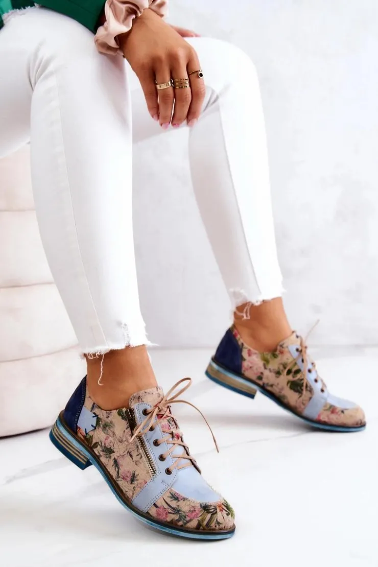 Damskie Maciejka Damskie Skórzane Półbuty W Kwiaty 5096A-34 Niebieskie