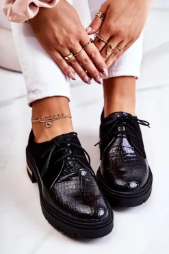 Boto Półbuty Skórzane*Damskie Skórzane Półbuty Wiązane Czarne Merevin