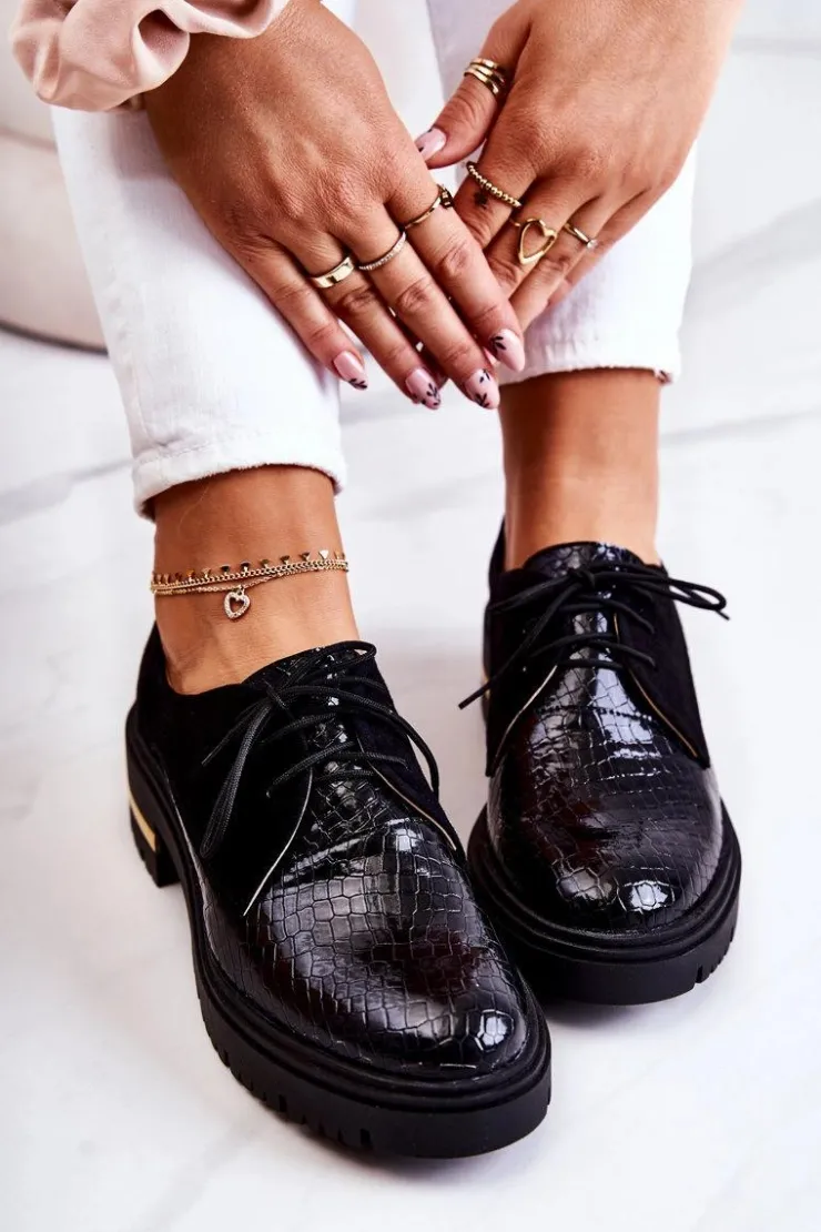 Boto Półbuty Skórzane*Damskie Skórzane Półbuty Wiązane Czarne Merevin