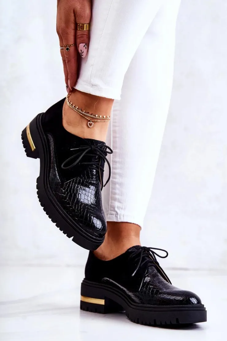 Boto Półbuty Skórzane*Damskie Skórzane Półbuty Wiązane Czarne Merevin