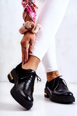 Boto Półbuty Skórzane*Damskie Skórzane Półbuty Wiązane Czarne Merevin