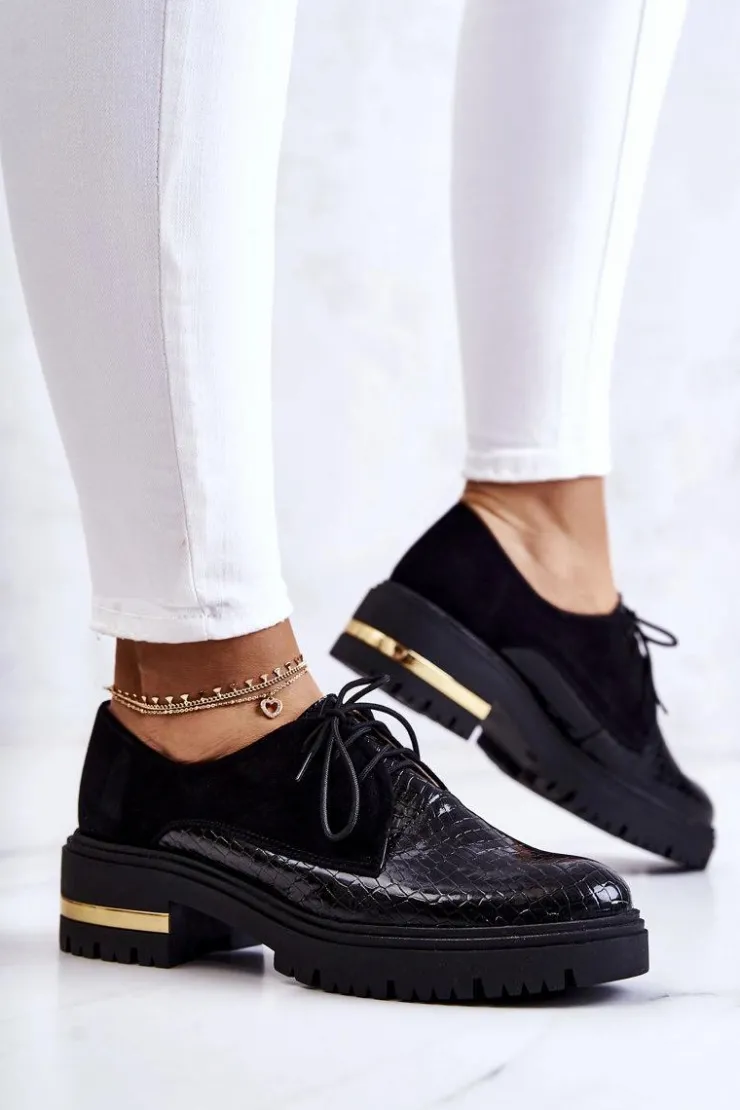 Boto Półbuty Skórzane*Damskie Skórzane Półbuty Wiązane Czarne Merevin