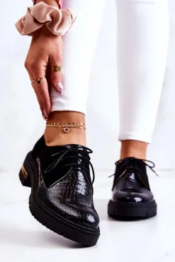 Boto Półbuty Skórzane*Damskie Skórzane Półbuty Wiązane Czarne Merevin