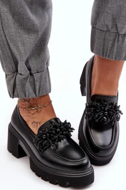 Damskie Boto Damskie Skórzane Półbuty Z Ozdobą Czarne Renesma