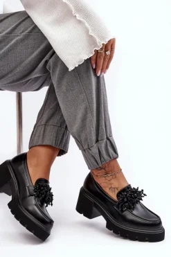 Damskie Boto Damskie Skórzane Półbuty Z Ozdobą Czarne Renesma