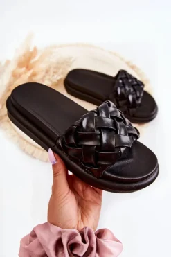 Boto Klapki Damskie Klasyczne*Damskie Skórzane Plecione Klapki Czarne Ravella