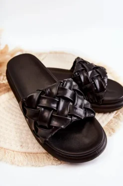 Boto Klapki Damskie Klasyczne*Damskie Skórzane Plecione Klapki Czarne Ravella