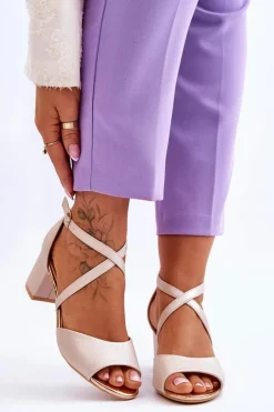 Buty damskie Vinceza Sandały Na Obcasie*Damskie Skórzane Sandałki Na Niskim Obcasie Złote Quinn