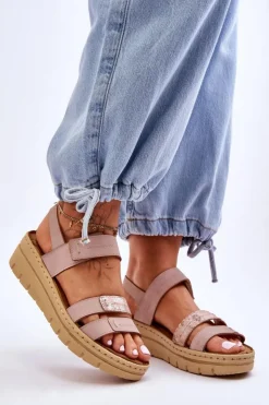 Buty damskie Vinceza Sandały Na Koturnie*Damskie Skórzane Sandałki Na Rzep Różowe Fresh Look Różowy