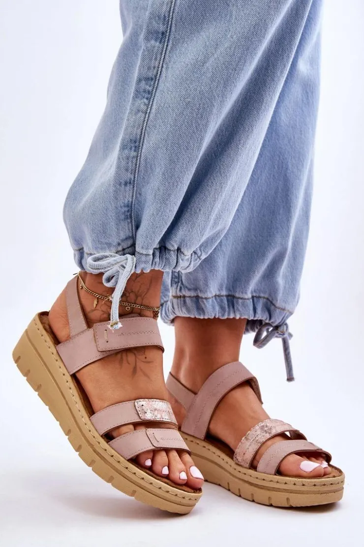 Buty damskie Vinceza Sandały Na Koturnie*Damskie Skórzane Sandałki Na Rzep Różowe Fresh Look Różowy