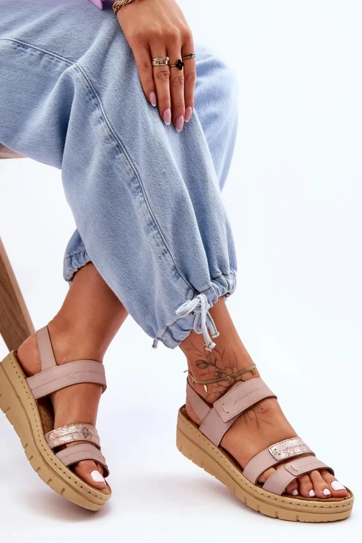 Buty damskie Vinceza Sandały Na Koturnie*Damskie Skórzane Sandałki Na Rzep Różowe Fresh Look Różowy