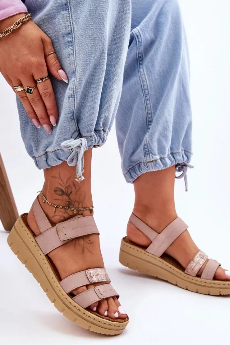 Buty damskie Vinceza Sandały Na Koturnie*Damskie Skórzane Sandałki Na Rzep Różowe Fresh Look Różowy