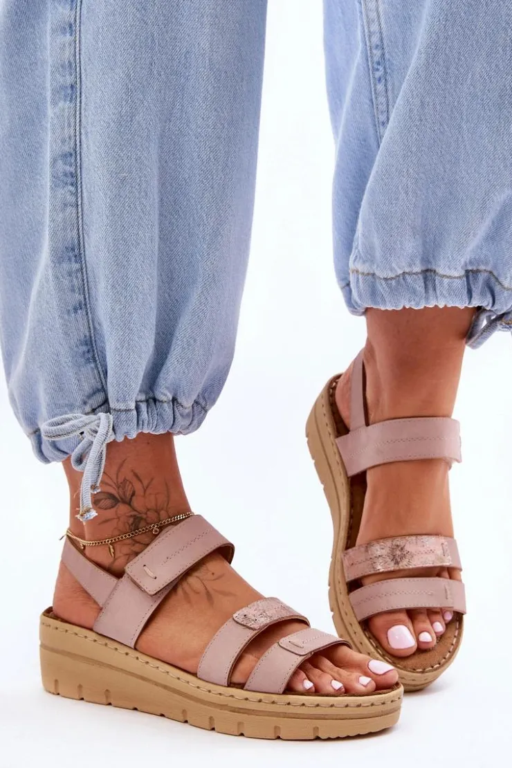 Buty damskie Vinceza Sandały Na Koturnie*Damskie Skórzane Sandałki Na Rzep Różowe Fresh Look Różowy