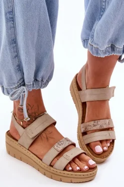 Damskie Buty damskie Vinceza Damskie Skórzane Sandałki Na Rzep Beżowe Fresh Look