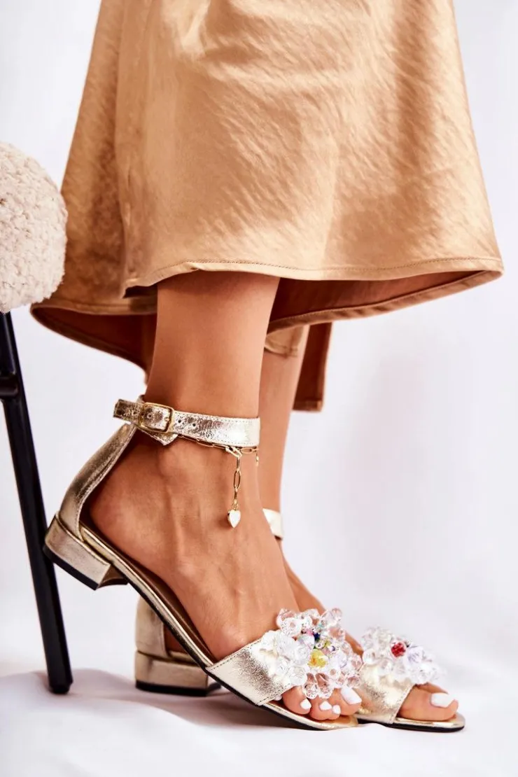 Boto Sandały Na Obcasie*Damskie Skórzane Sandałki Na Płaskim Obcasie Złote Morlee