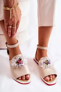 Damskie Boto Damskie Skórzane Sandałki Z Ozdobą Beżowe Nevassa