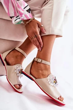 Damskie Boto Damskie Skórzane Sandałki Z Ozdobą Beżowe Nevassa