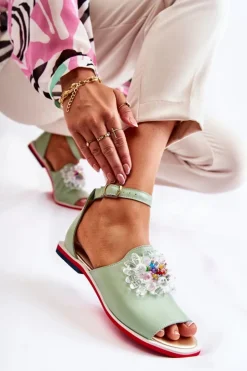 Boto Sandały Płaskie*Damskie Skórzane Sandałki Z Ozdobą Zielone Nevassa Zielony