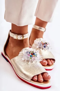 Boto Sandały Płaskie*Damskie Skórzane Sandałki Z Ozdobą Złote Nevassa