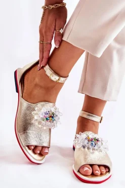 Boto Sandały Płaskie*Damskie Skórzane Sandałki Z Ozdobą Złote Nevassa