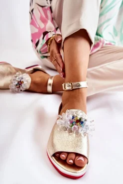 Boto Sandały Płaskie*Damskie Skórzane Sandałki Z Ozdobą Złote Nevassa