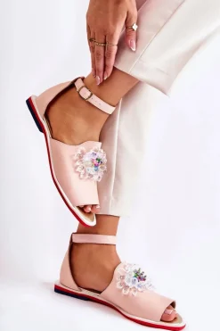 Sale Boto Damskie Skórzane Sandałki Z Ozdobą Jasnoróżowe Nevassa