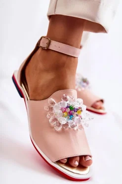 Sale Boto Damskie Skórzane Sandałki Z Ozdobą Jasnoróżowe Nevassa