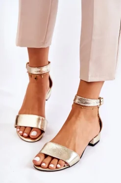 Boto Sandały Na Obcasie*Damskie Skórzane Sandałki Złote Shanley