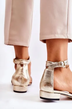 Boto Sandały Na Obcasie*Damskie Skórzane Sandałki Złote Shanley