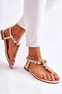 Clearance Boto Damskie Skórzane Sandały Japonki Z Ozdobnym Paskiem Beżowe Juliana