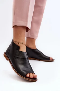 Damskie Laura Messi Damskie Skórzane Sandały 2443 Czarne