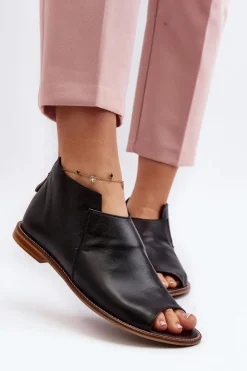 Damskie Laura Messi Damskie Skórzane Sandały 2443 Czarne