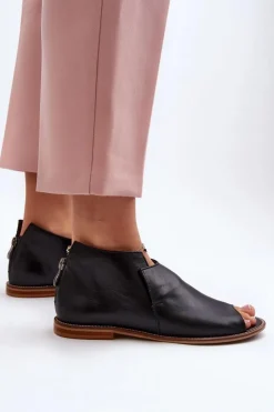 Damskie Laura Messi Damskie Skórzane Sandały 2443 Czarne