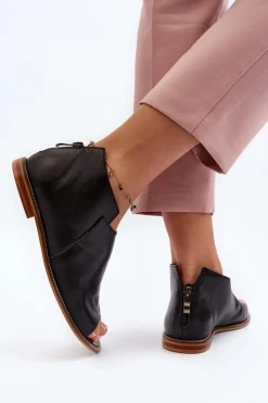 Damskie Laura Messi Damskie Skórzane Sandały 2443 Czarne