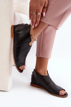 Damskie Laura Messi Damskie Skórzane Sandały 2443 Czarne