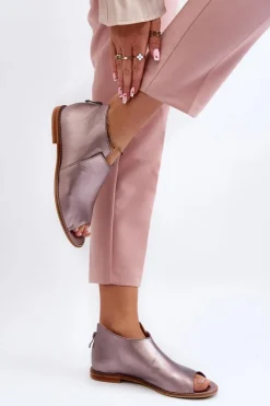 Best Laura Messi Damskie Skórzane Sandały 2443 Różowe Złoto