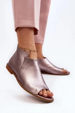 Best Laura Messi Damskie Skórzane Sandały 2443 Różowe Złoto