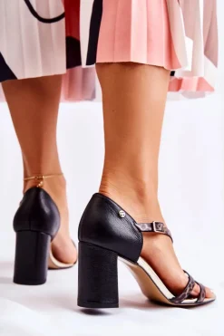 Outlet Maciejka Damskie Skórzane Sandały Na Słupku 05592-01 Czarne