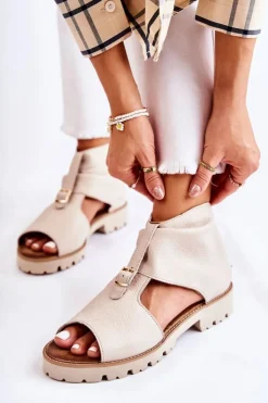 Boto Sandały Płaskie*Damskie Skórzane Sandały Na Suwak Nicole 2748 Beżowe