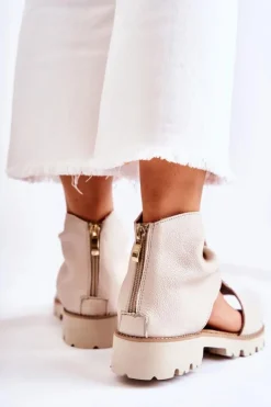 Boto Sandały Płaskie*Damskie Skórzane Sandały Na Suwak Nicole 2748 Beżowe