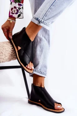 Damskie Damskie buty S.Barski Damskie Skórzane Sandały Na Szeroką Stopę Czarne Catalise