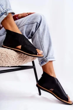 Damskie Damskie buty S.Barski Damskie Skórzane Sandały Na Szeroką Stopę Czarne Catalise